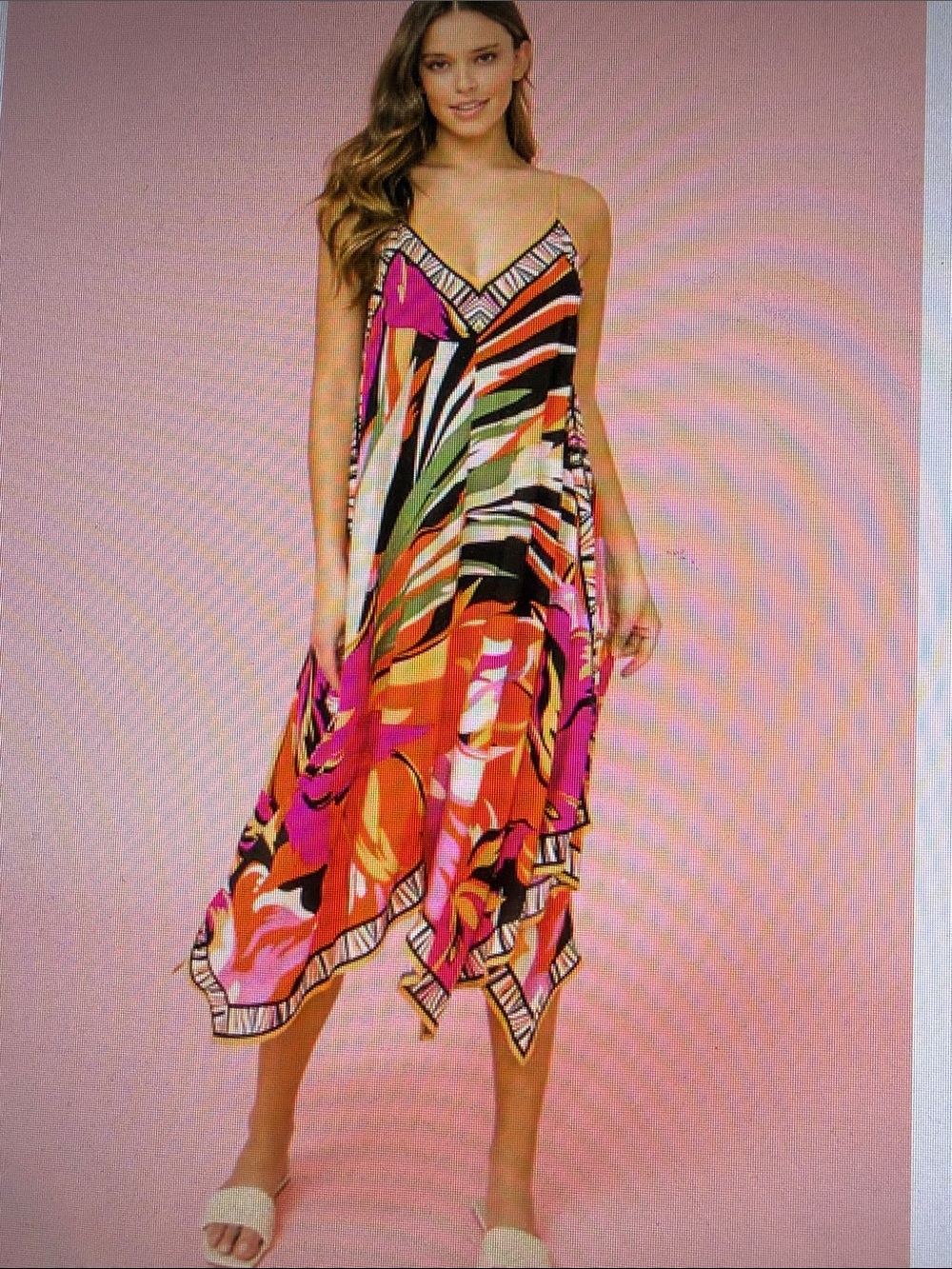 Flying Tomato Orange, Pink Black Floral Asymmetrical Handkerchief Slip Dress XL